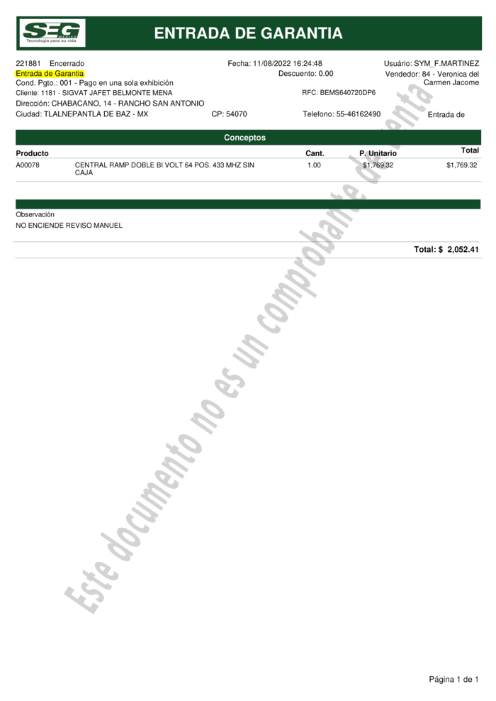 Entrada de Garantía